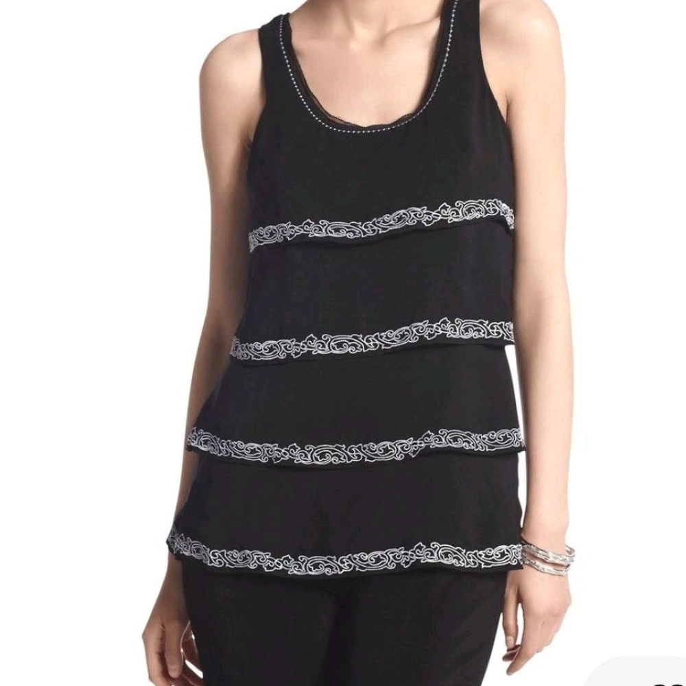 WHBN Black Sleeveless Top with White Embroidery Size XS